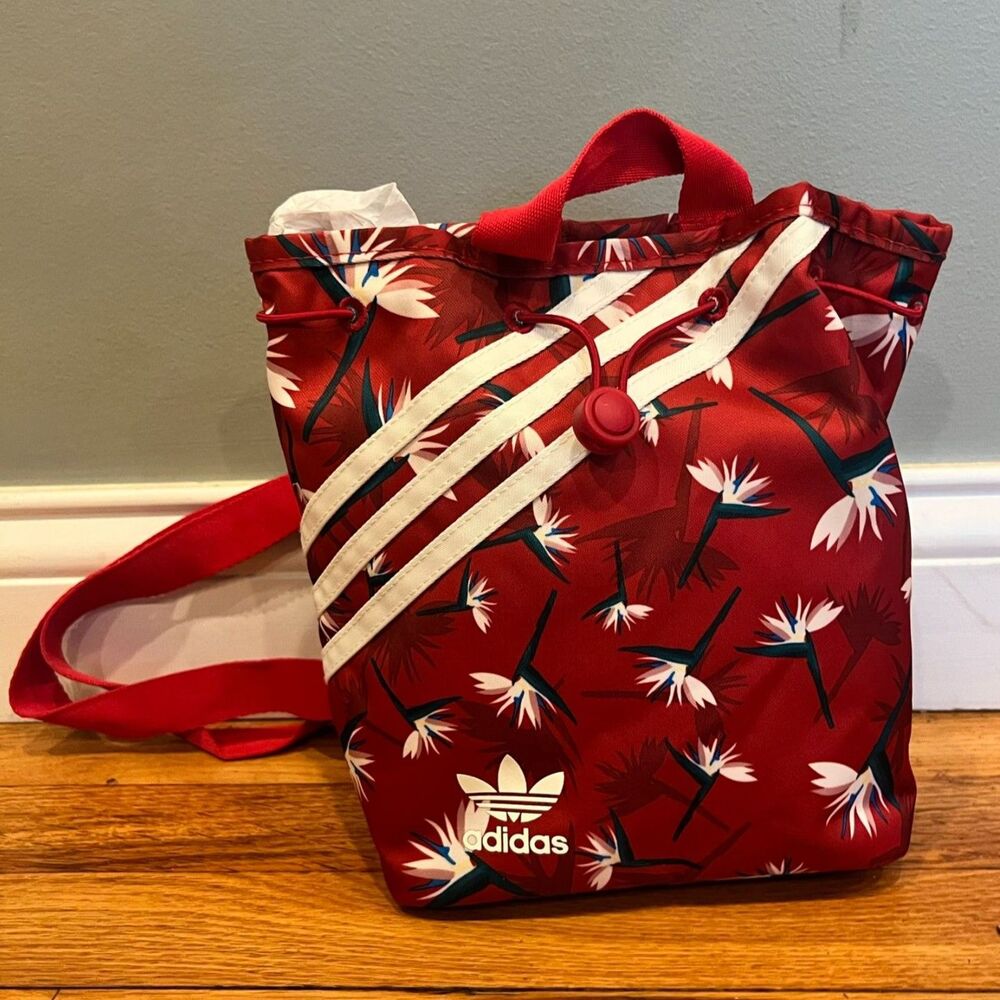 adidas Originals Mini Bucket Backpack - Red Bird of Paradise Floral Trefoil Bag
